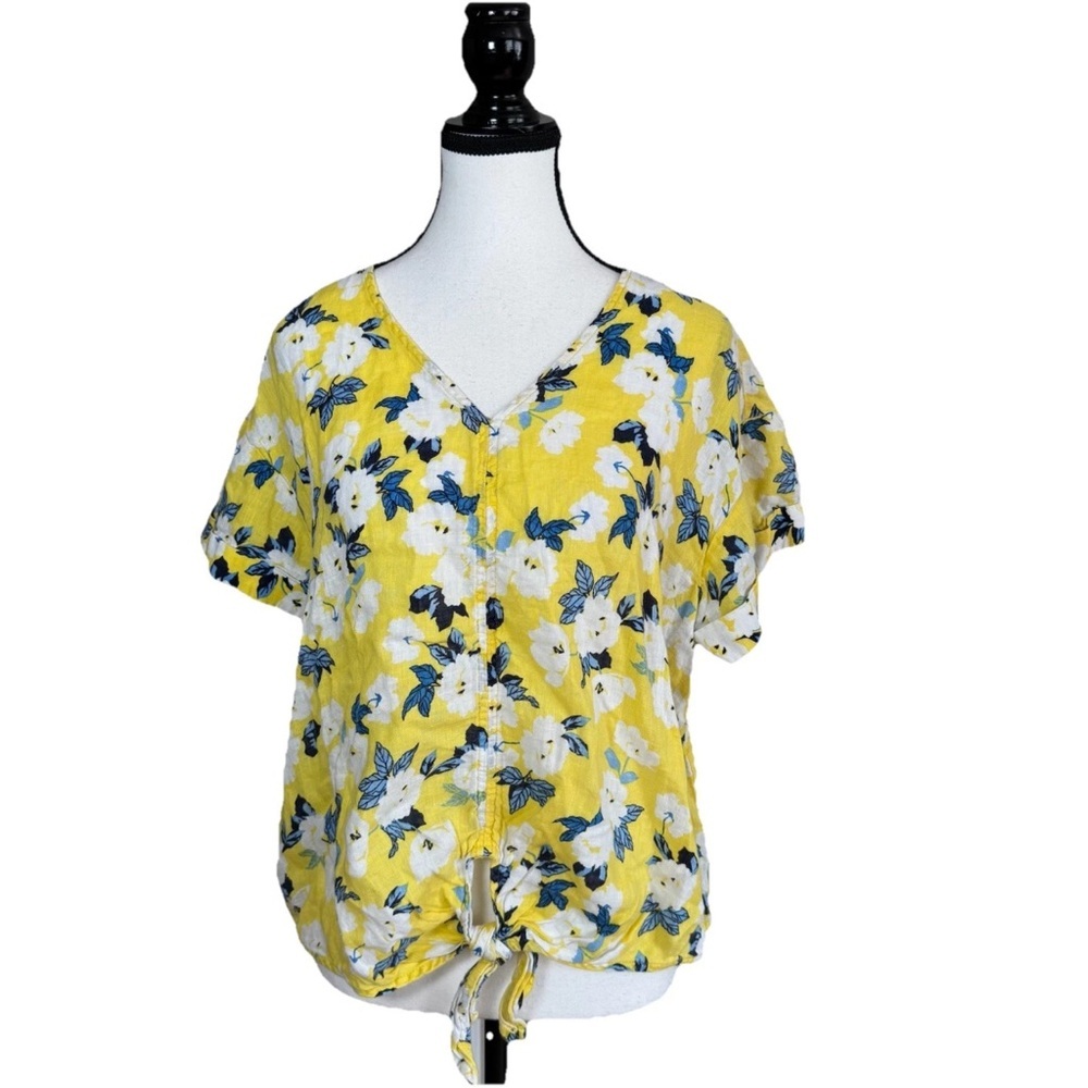 Charter Club Luxury 100% Linen Top Large Yellow Floral V-Neck Short Sleeve Tie